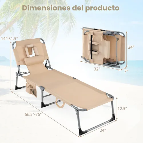 Miniatura 3 de COSTWAY Silla de salón plegable de playa, silla de bronceado con agujero para la cara, respaldo ajustable de 5 posiciones, almohada y bolsillo