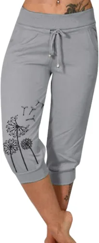 Pantalones capri para mujer, estampado de diente de león, pantalones capri con cordón de cintura alta, elásticos, pantalones cortos de verano