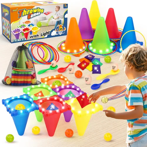 Miniatura 7 de Eocolz Juego combinado de 49 piezas de juegos de carnaval al aire libre para niños con luz LED, conos de plástico, obstáculos, puf, bolas de Azul