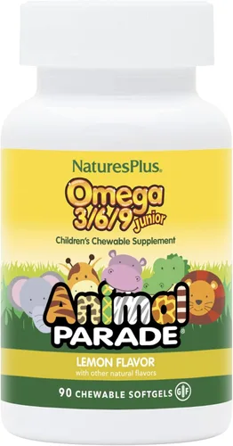 NaturesPlus Animal Parade Omega 3/6/9 Junior, sabor a limón, 90 cápsulas blandas, promueve la salud inmunológica, de la piel, los ojos y el sistema