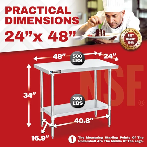 Miniatura 3 de DuraSteel Mesa de trabajo de acero inoxidable de 24 x 48 pulgadas, mesa de metal de preparación comercial NSF, soporte para horno de pizza al aire