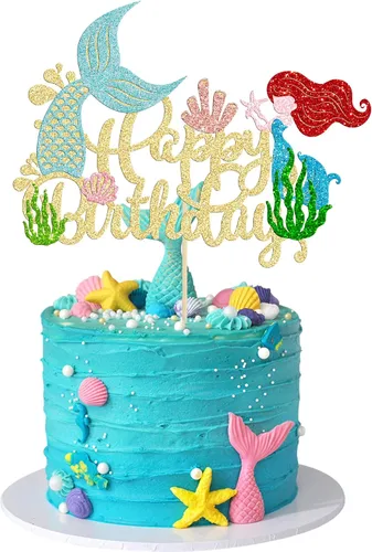 Miniatura 14 de Gyufise 1 pieza de decoración de pastel de sirena de feliz cumpleaños con purpurina de animales del océano, conchas marinas, cola de sirena