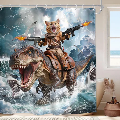 Divertida cortina de ducha con diseño de gato con diseño de dinosaurio, para surfear, playa, océano, mar, ondas, rayos, 72 pulgadas de ancho x 72