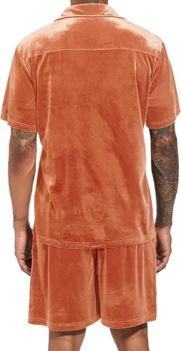 Miniatura 13 de LecGee Conjunto de pantalones cortos casuales de verano para hombre, camisa de terciopelo de manga corta con botones, pantalones cortos de cintura