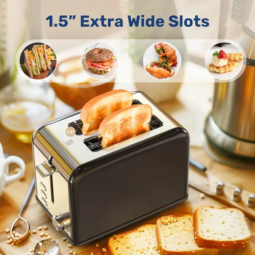 Miniatura 3 de YSSOA Tostadora de 2 rebanadas con 6 ajustes de tostado y 3 funciones, ranura extra ancha y bandeja extraíble para migas, estilo retro de acero