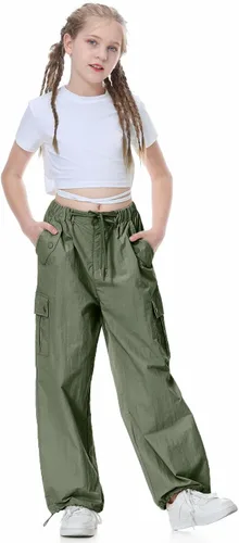 Miniatura 10 de Rolanko Pantalones de paracaídas para niñas, pantalones cargo Y2K con bolsillos, pantalones deportivos Harajuku para niños de 4 a 14 años