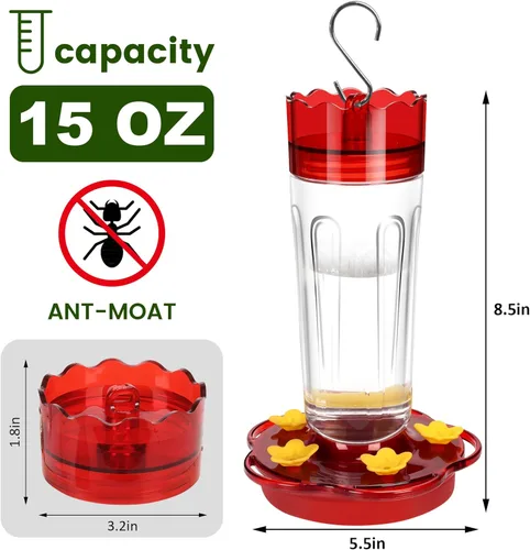 Miniatura 2 de Comederos de vidrio para colibríes para colgar al aire libre, a prueba de hormigas y abejas, 1 paquete de comedero rojo para colibríes de 15 onzas