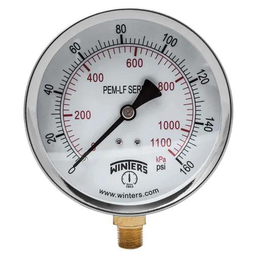 Winters - Medidor de presión de 4 pulgadas, calibre de presión económico, interior de latón potable, caja de acero, escala doble 0-160 psi/kPa,