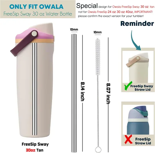 Miniatura 2 de ALINK Pajitas de acero inoxidable para botella de agua Owala FreeSip Sway de 30 onzas, paquete de 6 popotes de repuesto de metal reutilizables solo
