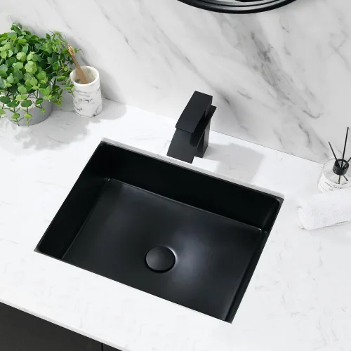 Miniatura 3 de Fregadero de baño rectangular de 20 x 15 pulgadas, color negro, de porcelana, cerámica, arte moderno, lavabo bajo encimera con desbordamiento Negro