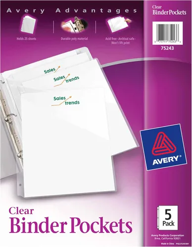 Avery Bolsillos para carpetas de 3 anillos, transparentes, 8.5" x 11", sin ácido y seguros para archivo, 15 bolsillos para carpetas en total