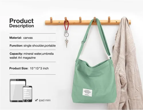 Miniatura 2 de Bolsos de hombro de lona para la escuela, estilo hobo universitario, bolsos de mano para estudiantes, bolsos casuales de compras, trabajo, bolsa