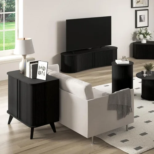 Miniatura 9 de Armario estriado de 27 pulgadas con puertas correderas, armario de almacenamiento moderno con patas para sala de estar o entrada, color negro