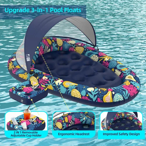 Miniatura 5 de Sunikko X Flotadores de piscina 3 en 1 con soporte para toldo, flotadores grandes de 73 x 48 pulgadas para adultos, resistente, tumbona inflable