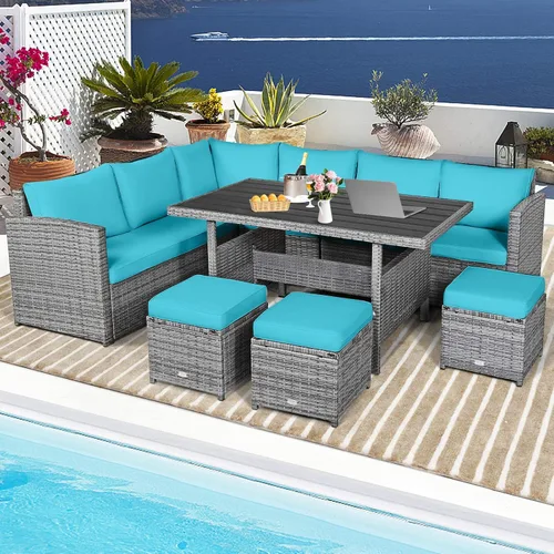 Miniatura 2 de HAPPYGRILL Juego de muebles de mimbre de ratán de 7 piezas, juego de muebles de patio al aire libre con cojines, juego de sofá de ratán con mesa