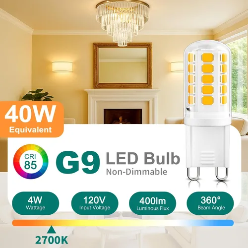 Miniatura 2 de DiCUNO Bombilla LED G9, 2700 K, luz blanca cálida suave, bombillas LED G9 de 4 W, equivalente a halógeno de 40 W, no regulable, 400 LM, base bipin