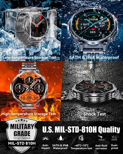 Miniatura 4 de Reloj inteligente militar de pantalla grande de 1.85 pulgadas para hombres con linterna, batería grande de 730 mAh, impermeable IP68, llamadas