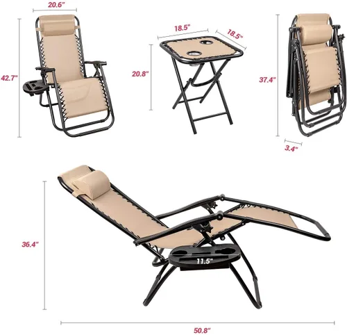Miniatura 7 de Homall Juego de 3 sillas de gravedad cero para patio, reclinables, para exteriores, sillas reclinables portátiles con mesa auxiliar (beige)