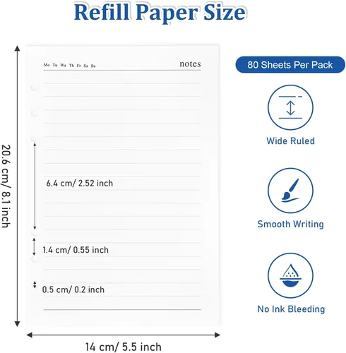 Miniatura 2 de SAYEEC Papel de Recambio de Hojas Sueltas Rayado para Organizador Planificador A5, 80 Hojas con 6 Agujeros Carpeta de Anillas para Planificador