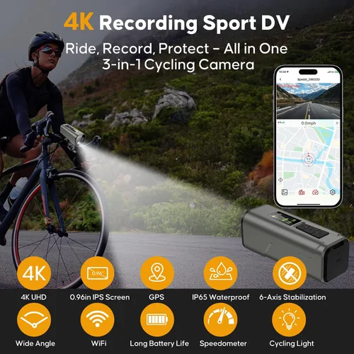 Miniatura 9 de Cámara de acción 4K 30fps con rastreador GPS, cámara inalámbrica para bicicleta, velocímetro/odómetro, tarjeta 64G gratis, DV deportivo