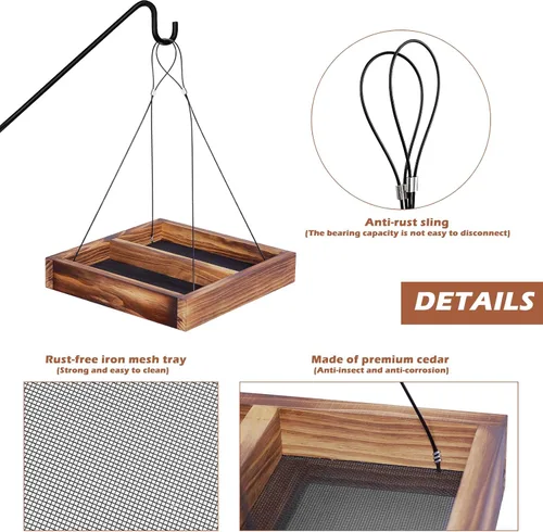 Miniatura 3 de MIXXIDEA Bandeja colgante para comedero de pájaros, bandeja de semillas de madera, bandeja colgante para colibríes, plataforma de semillas de malla
