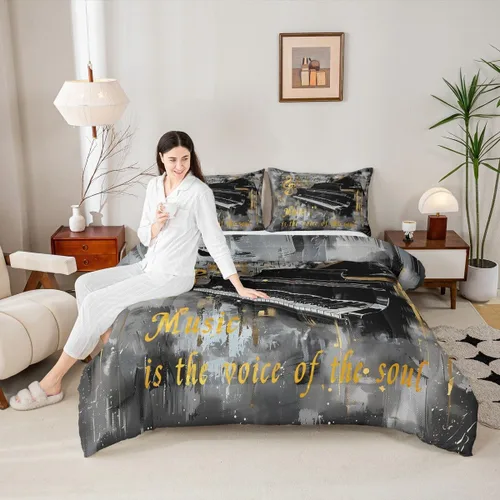 Miniatura 5 de Homewish Piano Music Comforter Set King Size,Musical Notes Bedding Set 3Pcs for Kids Girls Boys Teens Room Decor,Retro Graffiti Grey Gold Down Multi