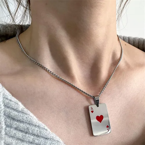 Miniatura 2 de coadipress Collar con colgante de tarjeta de póquer de acero inoxidable punk para mujeres, hombres, niñas, niños, niñas, niños, Lucky Rock Ace of