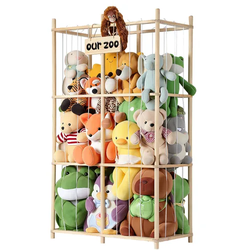 Miniatura 10 de LAMU Almacenamiento de animales de peluche, soporte de madera para animales de peluche con cordones elásticos, organizador de juguetes de ahorro