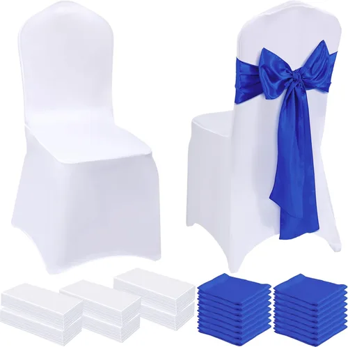 Miniatura 11 de Mepase Juego de 100 fundas blancas para sillas con 50 fundas elásticas de elastano para sillas de 50 sillas, lazos y fajas, funda ajustable blanco