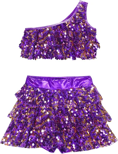 Miniatura 35 de JEATHA Top corto con borlas y lentejuelas brillantes para niñas, con minifalda, jazz latino, salsa, samba, rumba, baile