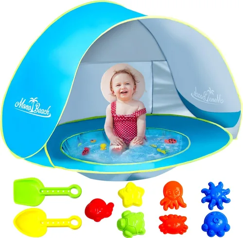 Miniatura 11 de Monobeach Tienda de campaña de playa para bebés con piscina: tienda de campaña desplegable con estrellas marrones para niños pequeños, refugio