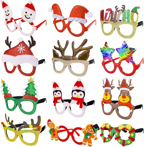 Miniatura 2 de Thuodo 12 lentes de Navidad con purpurina para fiestas, marcos de gafas de disfraz para fiestas de Navidad, vacaciones, cabina de fotos, gafas