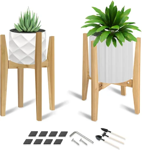 Miniatura 8 de OERGKE Soporte ajustable para plantas de interior, soportes de bambú modernos de mediados de siglo, soporte de flores de esquina para sala de estar