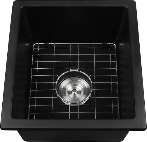 Miniatura 9 de Fregadero de barra negro de montaje inferior, fregadero pequeño de barra compuesto de 15 x 17 pulgadas, fregaderos de cocina y barra de granito
