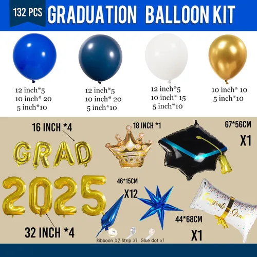 Miniatura 6 de Kit de arco de guirnalda de globos de graduación con temática azul con globos de aluminio para estudiantes universitarios de secundaria, clase