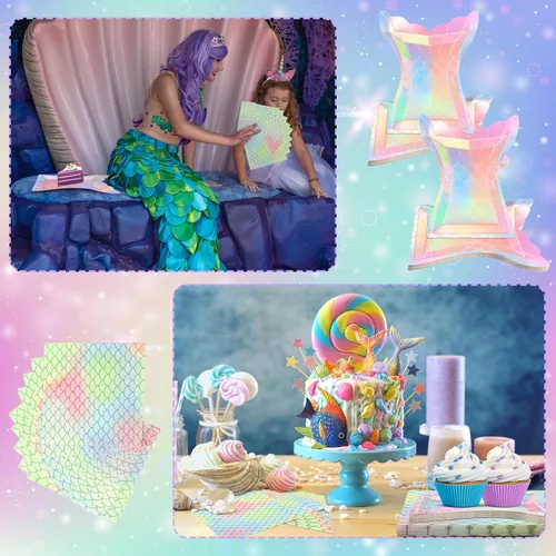 Miniatura 5 de Gersoniel Juego de 40 piezas de suministros para fiesta de sirena iridiscente, 20 platos y 20 servilletas con escamas, decoraciones para fiesta