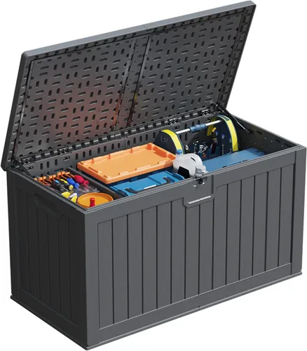 Miniatura 15 de Patiowell Caja de resina de 100 galones con cojín, caja de almacenamiento impermeable grande para exteriores para muebles de patio y herramientas