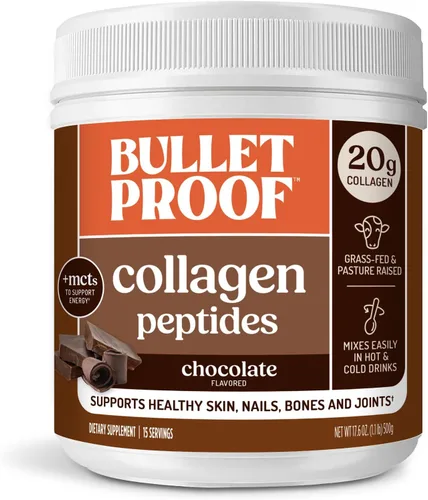 Polvo de proteína de colágeno Bulletproof con chocolate y aceite MCT, 19g de proteína, 17.6 onzas, péptidos de colágeno y aminoácidos para una piel,