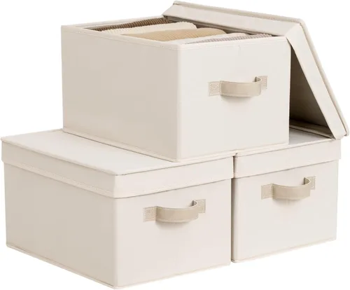 StorageWorks Contenedores de almacenamiento de tela con tapas, contenedores de almacenamiento decorativos con asas de poliuretano, cestas de