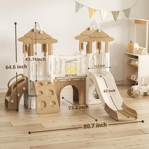 Miniatura 6 de XJD Tobogán 9 en 1 para niños pequeños, tobogán de selva con aro de baloncesto, túnel y espacio de almacenamiento, interior y exterior para niños