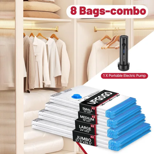 Miniatura 2 de UPGOGO Bolsas de almacenamiento al vacío con bomba eléctrica portátil, bolsas de sellado al vacío para ropa, bolsas de ahorro de espacio, bolsas