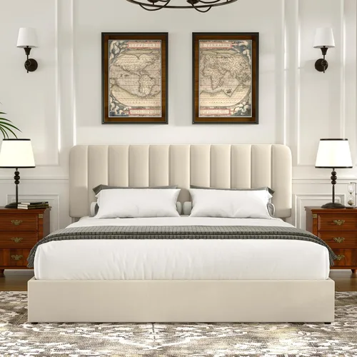 Miniatura 5 de VECELO Base de cama tapizada de tamaño matrimonial con 4 cajones y cabecero, plataforma de terciopelo, soporte de listones de madera, no necesita