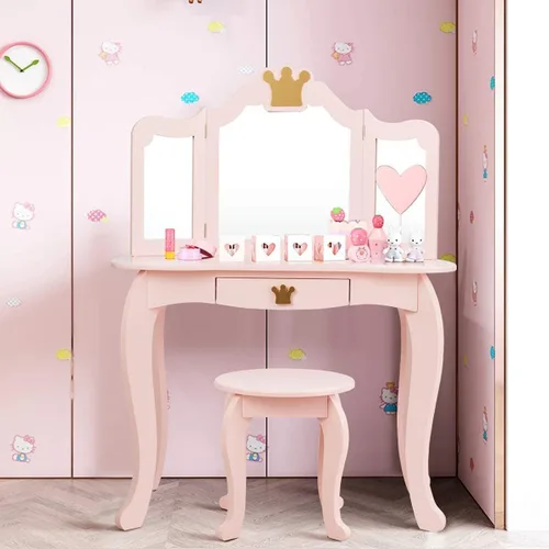 Miniatura 2 de HONEY JOY Tocador Infantil, Juego de Mesa y Silla de Maquillaje Temática de Corona para Niños con Cajón y Espejo Plegable, Espejo Desmontable, Juego
