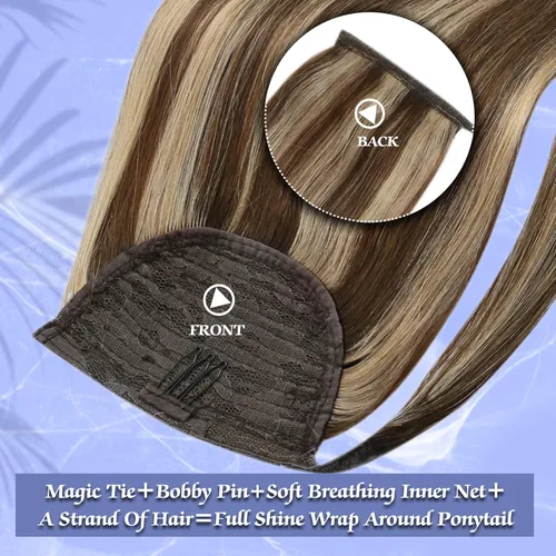 Miniatura 2 de Full Shine - Extensión de cola de caballo con clip, color marrón oscuro con mechas rubio miel, extensión de cabello humano real para mujeres, 14