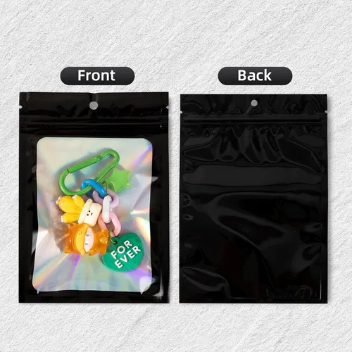 Miniatura 3 de 50 bolsas holográficas negras de Mylar de 5.5 x 7.8 pulgadas, bolsas con cremallera de aluminio resellables para gomitas, recuerdos de fiesta