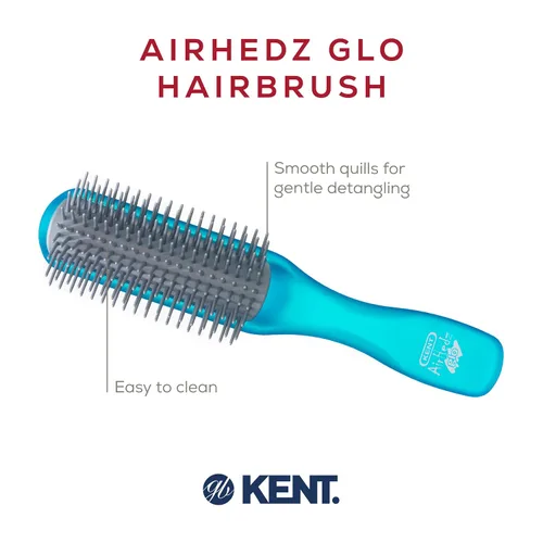 Miniatura 4 de Kent AHGLO01 Airhedz Glo Blue Cepillo de pelo desenredante estrecho medio redondo – 9 filas iónico antiestático no rayado largo cerdas de nailon