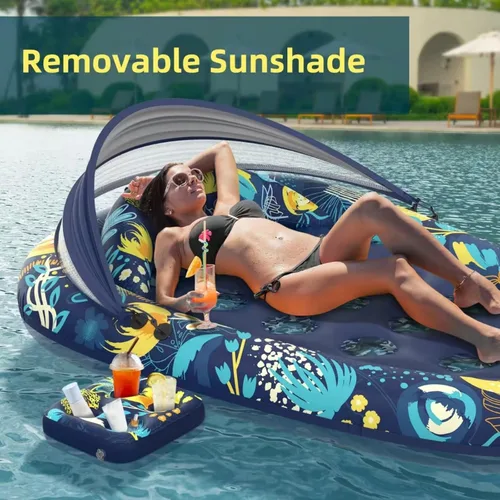 Miniatura 6 de Sunikko X Flotadores de piscina 3 en 1 con soporte para toldo, flotadores grandes de 73 x 48 pulgadas para adultos, resistente, tumbona inflable