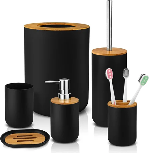 Hommtina Juego de accesorios de baño de bambú, 6 piezas esenciales de baño, incluye vaso para cepillo de dientes, soporte para cepillos de dientes,