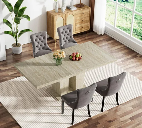 Miniatura 61 de Juego de 9 mesas de comedor extensibles blancas de 63 a 78.74 pulgadas, juego de mesa de cocina y comedor moderna expandible para 8, mesa de comedor