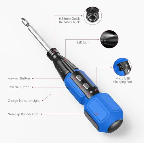 Miniatura 6 de LOFICOPER Juego de destornilladores eléctricos, mini kit de destornilladores inalámbricos con soportes para puntas, luz de trabajo LED, cable de Azul